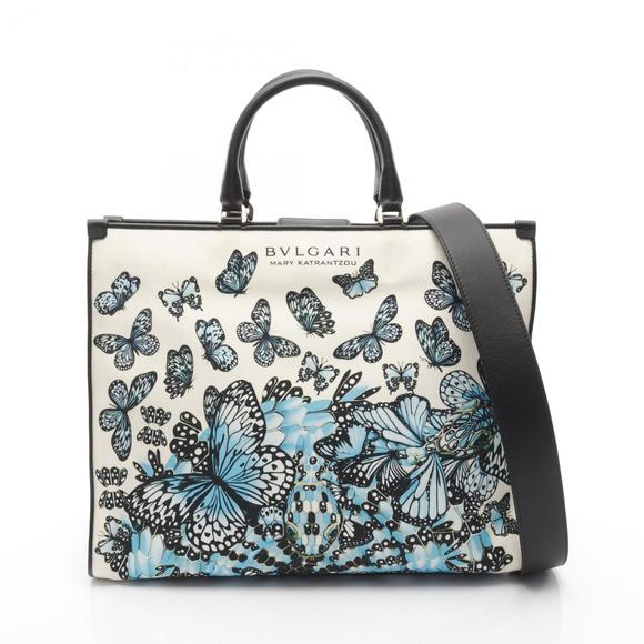 BVLGARI Serpenti Tote Bag, Canvas and Leather, Women's, White, Black, Blue - Picture 1 of 8